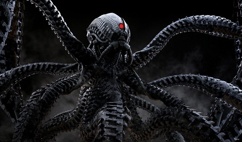 Mechanical Octopus Creature — Black, Dramatic, Digital Art