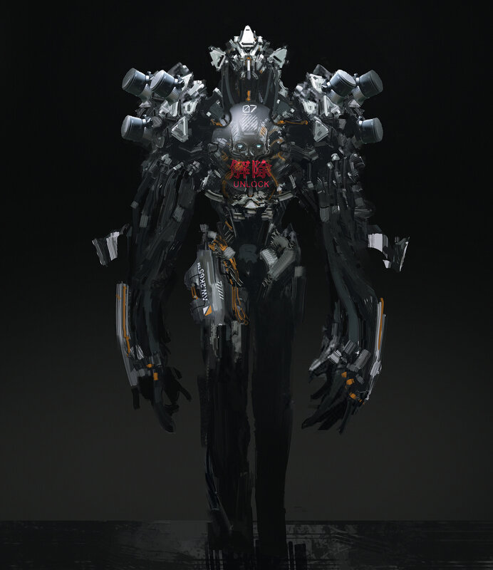 Mechanical Robot Figure — Black, Dramatic, Digital Art
