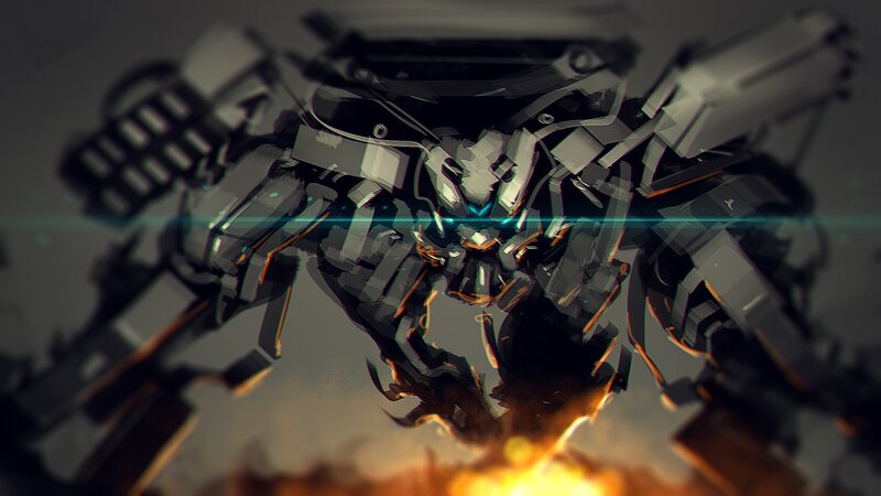 Mechanical Robot — Gray, Dramatic, Digital Art, Fire