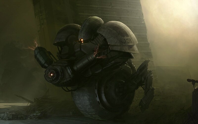Mechanical Robot — Gray, Dramatic, Sunset, Digital Art