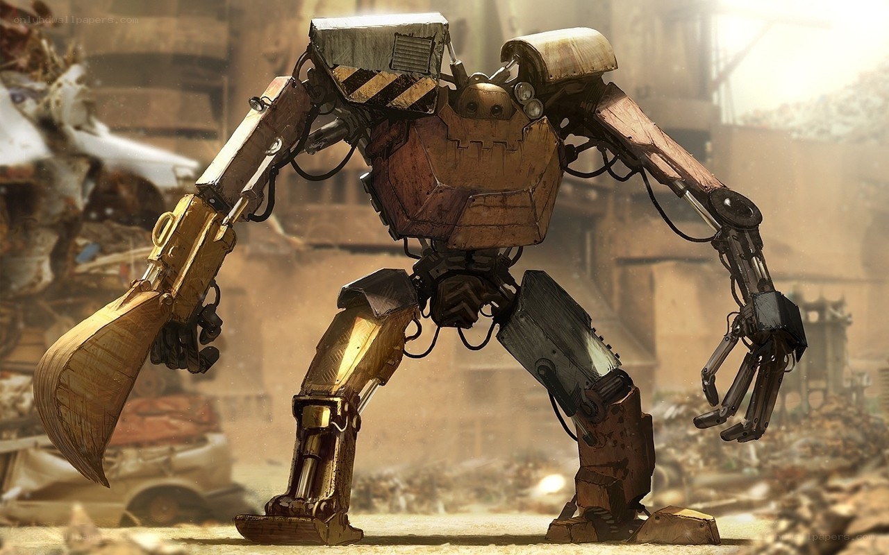 mechanical robot in wasteland