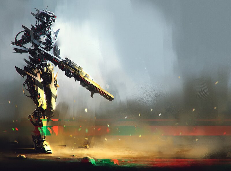 Mechanical Robot Soldier — Gray, Dramatic, Digital Art, Gun, Dust