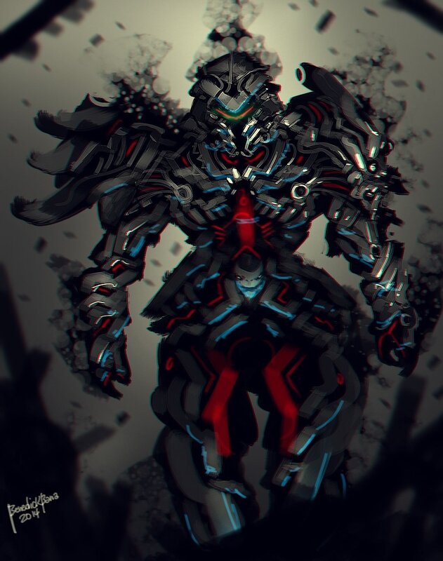 Mechanical Robot Warrior — Black, Dramatic, Digital Art