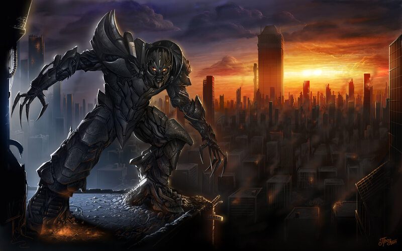 Mechanical Robot Warrior — Black, Dramatic, Sunset, Digital Art