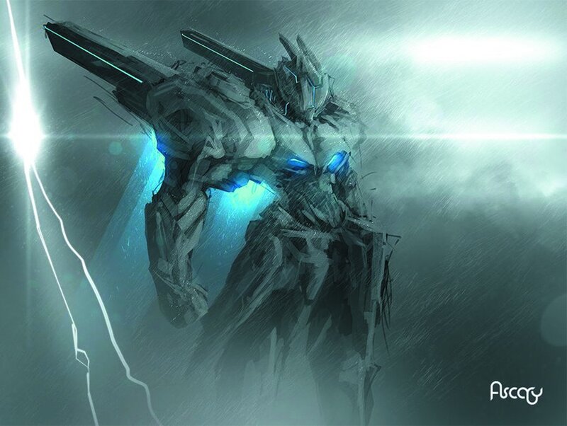 Mechanical Robot Warrior — Gray, Dramatic, Digital Art