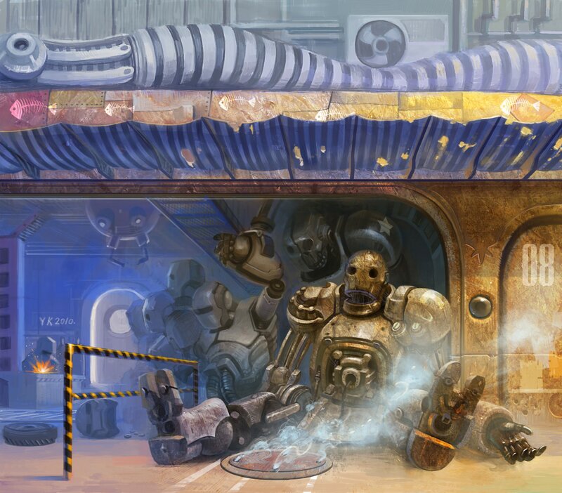 Mechanical Robots in Workshop
