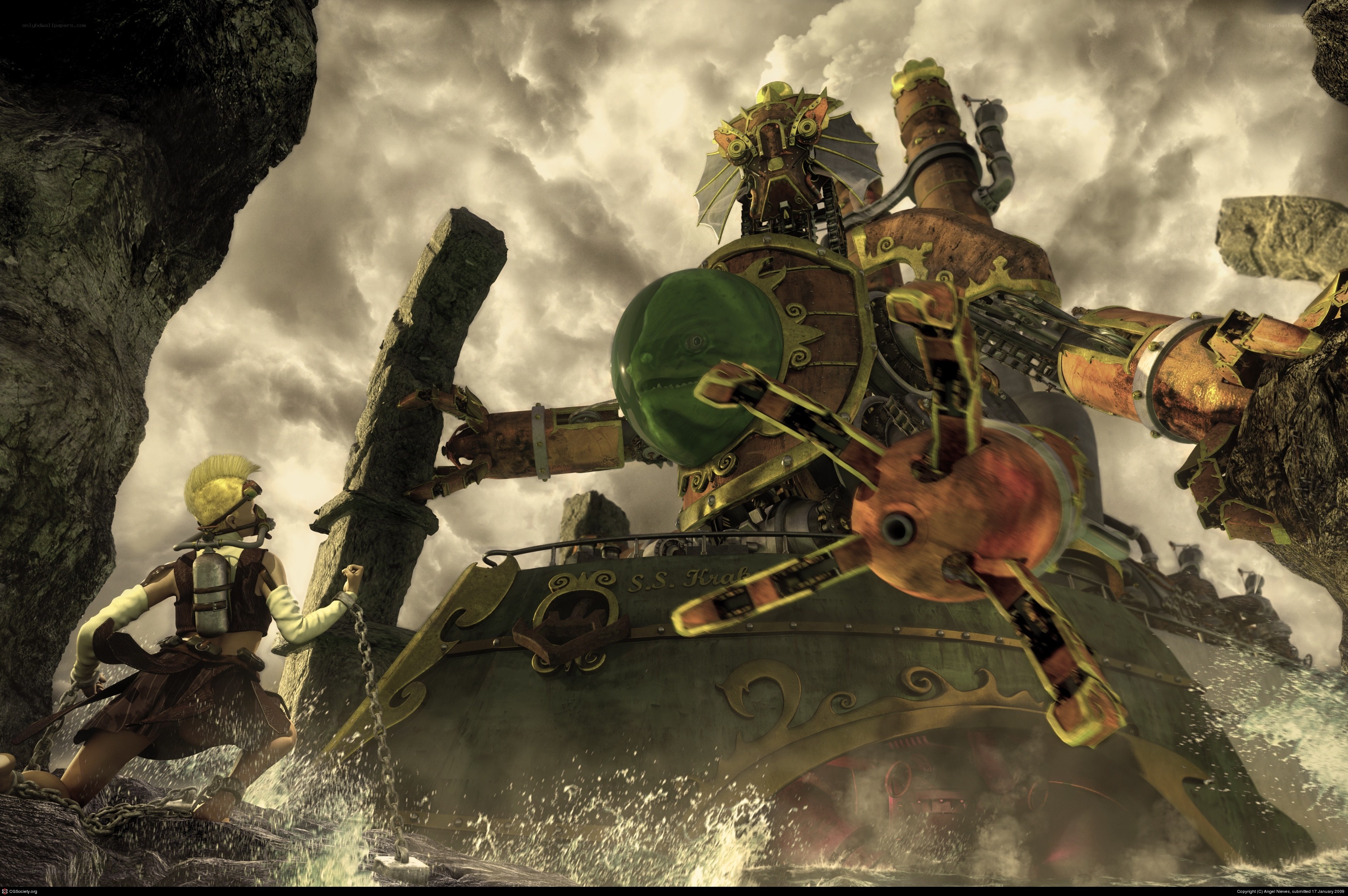 Mechanical sea monster attack