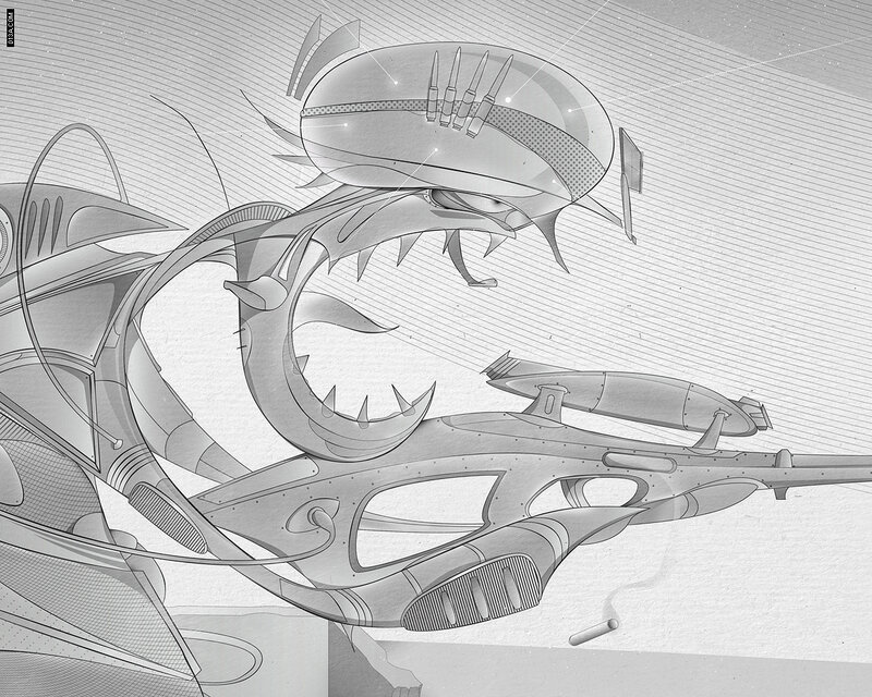 Mechanical Shark Creature — Gray, Dramatic