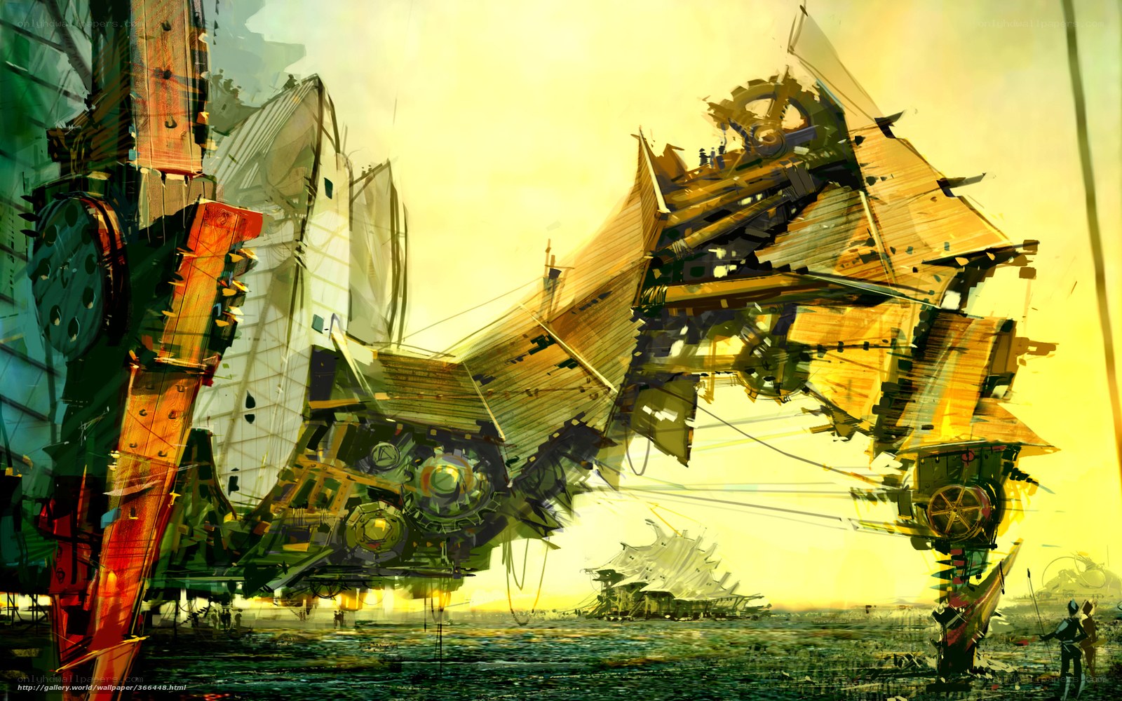Mechanical ship in golden light