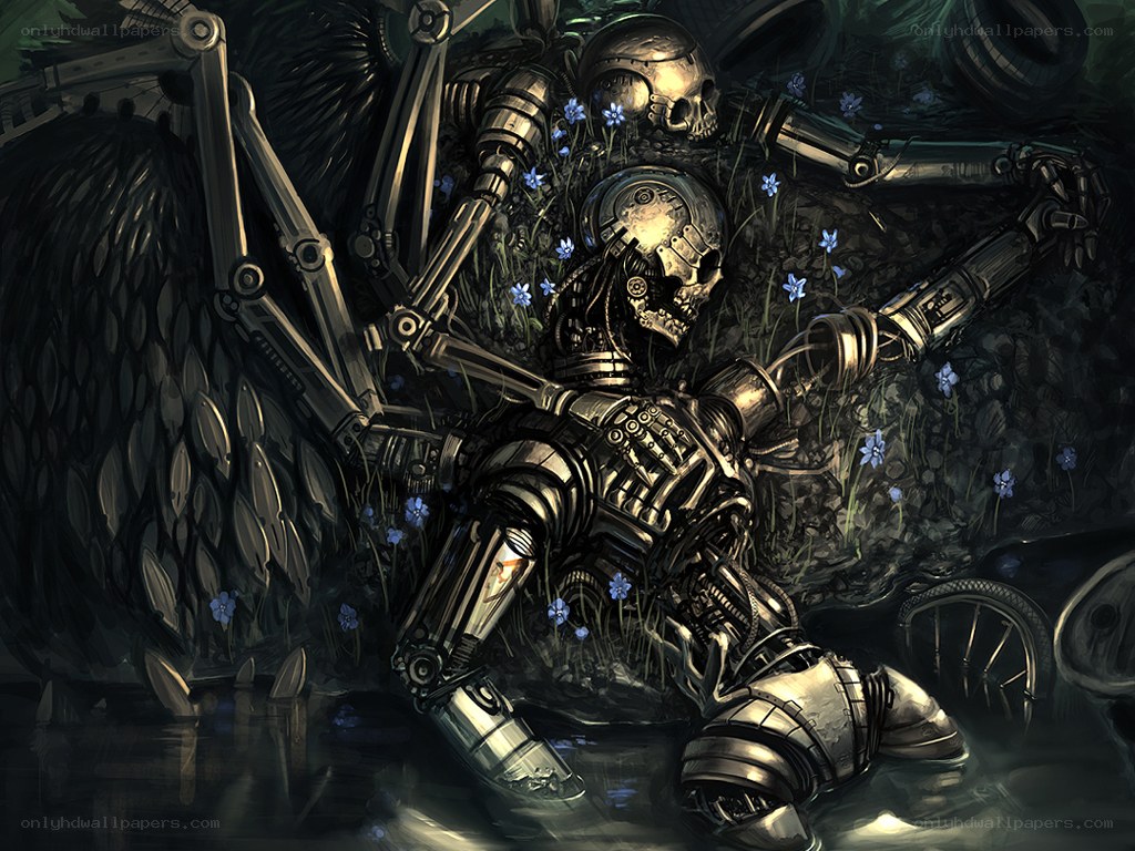 Mechanical skeleton in overgrown ruin