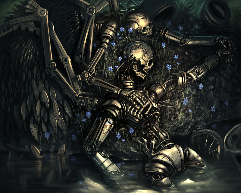 Mechanical skeleton in overgrown ruins