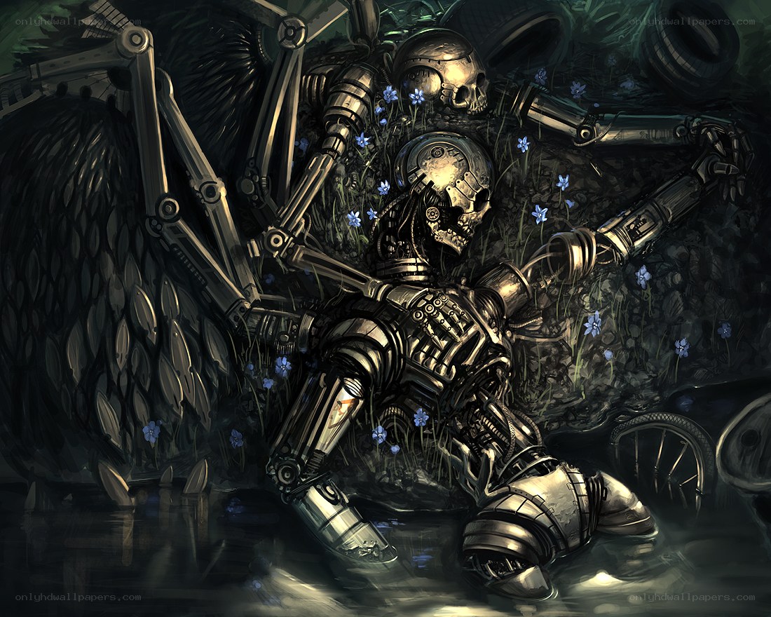 Mechanical skeleton in overgrown ruins