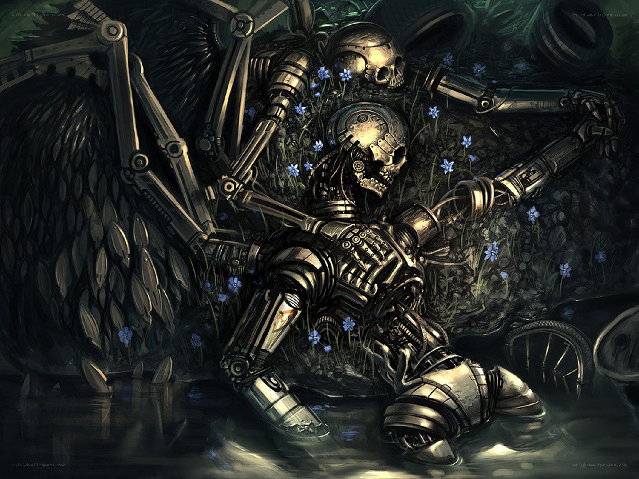 Mechanical skeleton in overgrown ruins