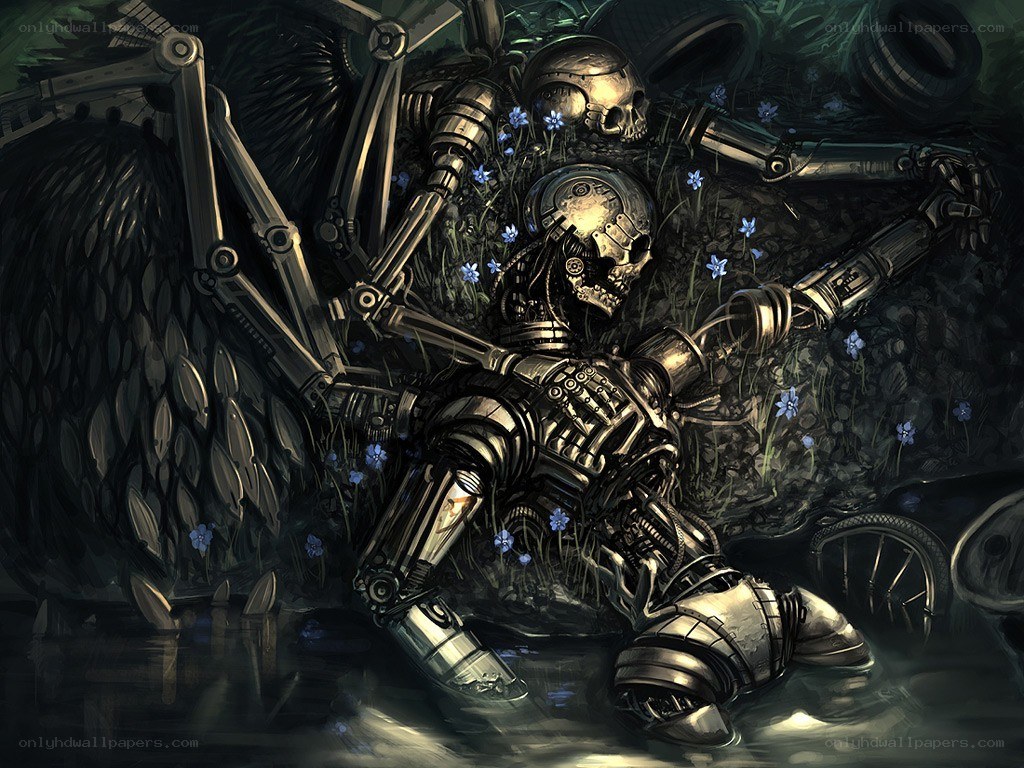 Mechanical skeleton in overgrown ruins