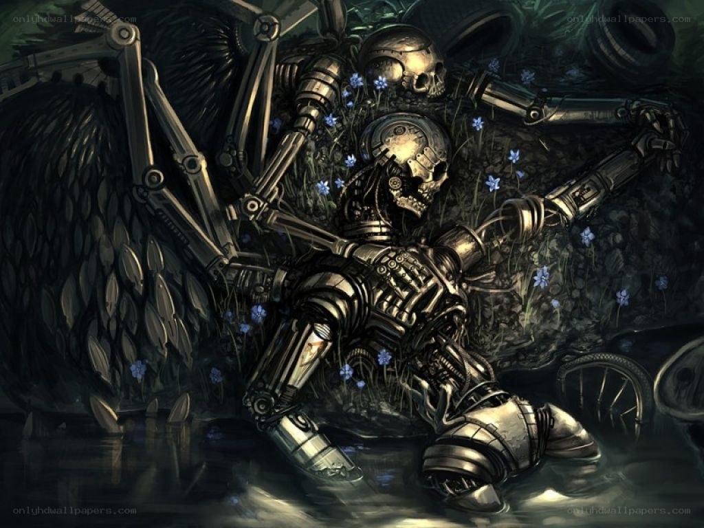 Mechanical skeleton in overgrown ruins