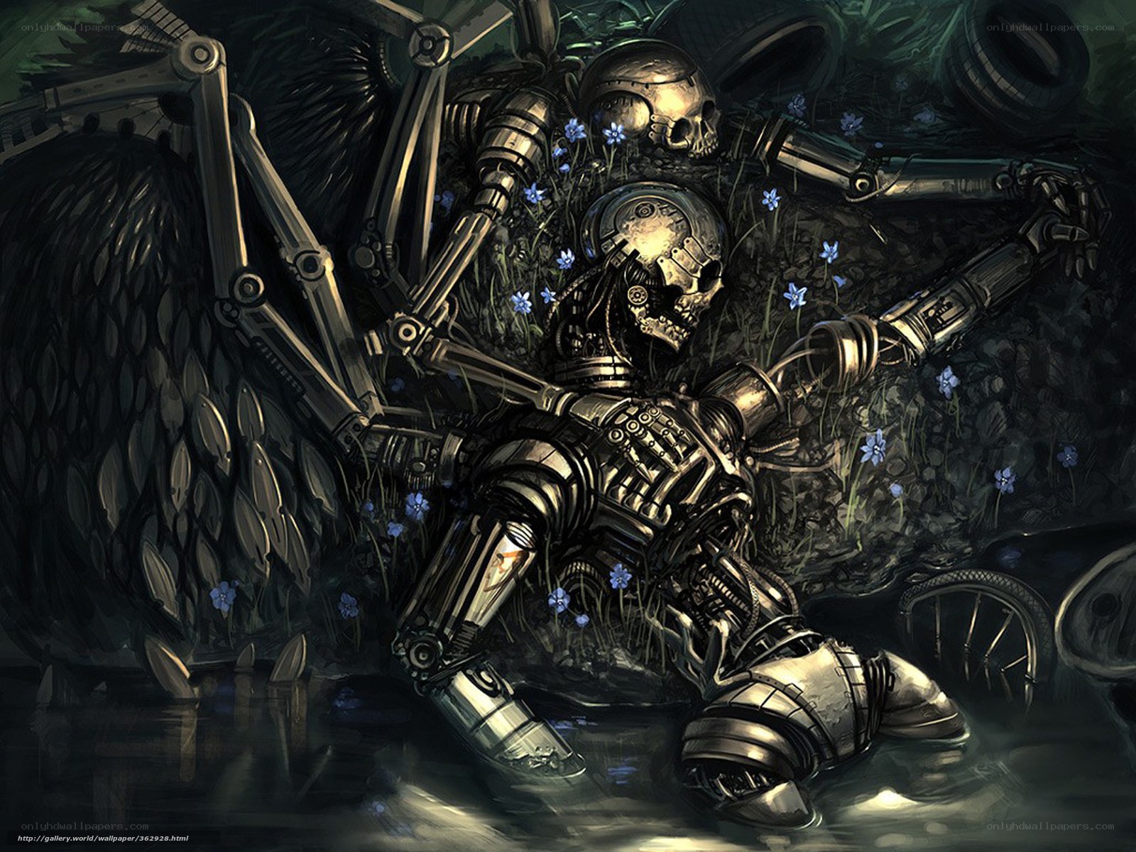 Mechanical skeleton in overgrown ruins