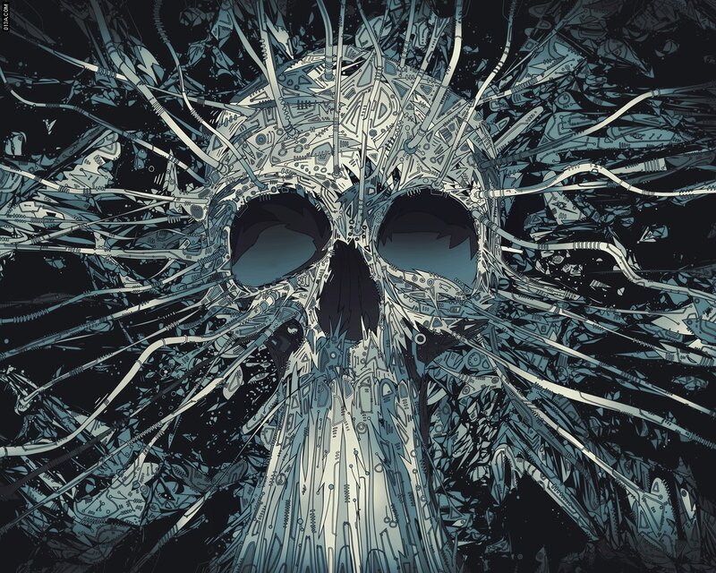 Mechanical Skull — Black, Dark, Digital Art, Wires, Circuitry, White
