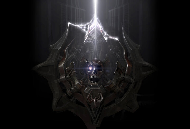 mechanical skull emblem
