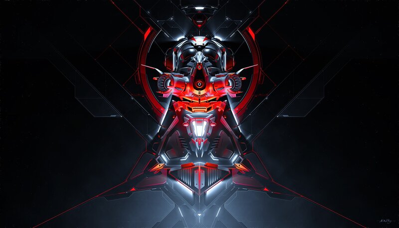 Mechanical Skull Structure — Black, Dramatic, Digital Art