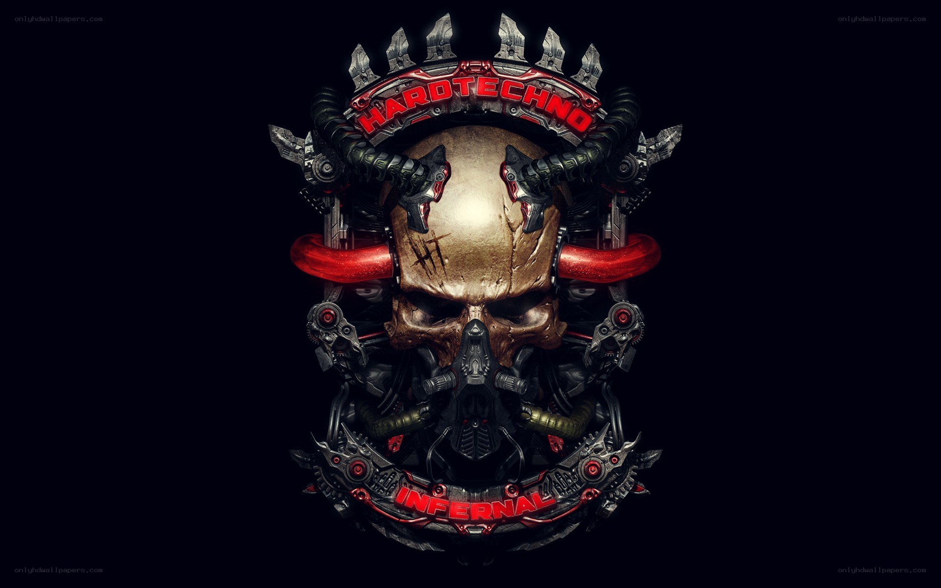 Mechanical skull with hardtechno infernal text