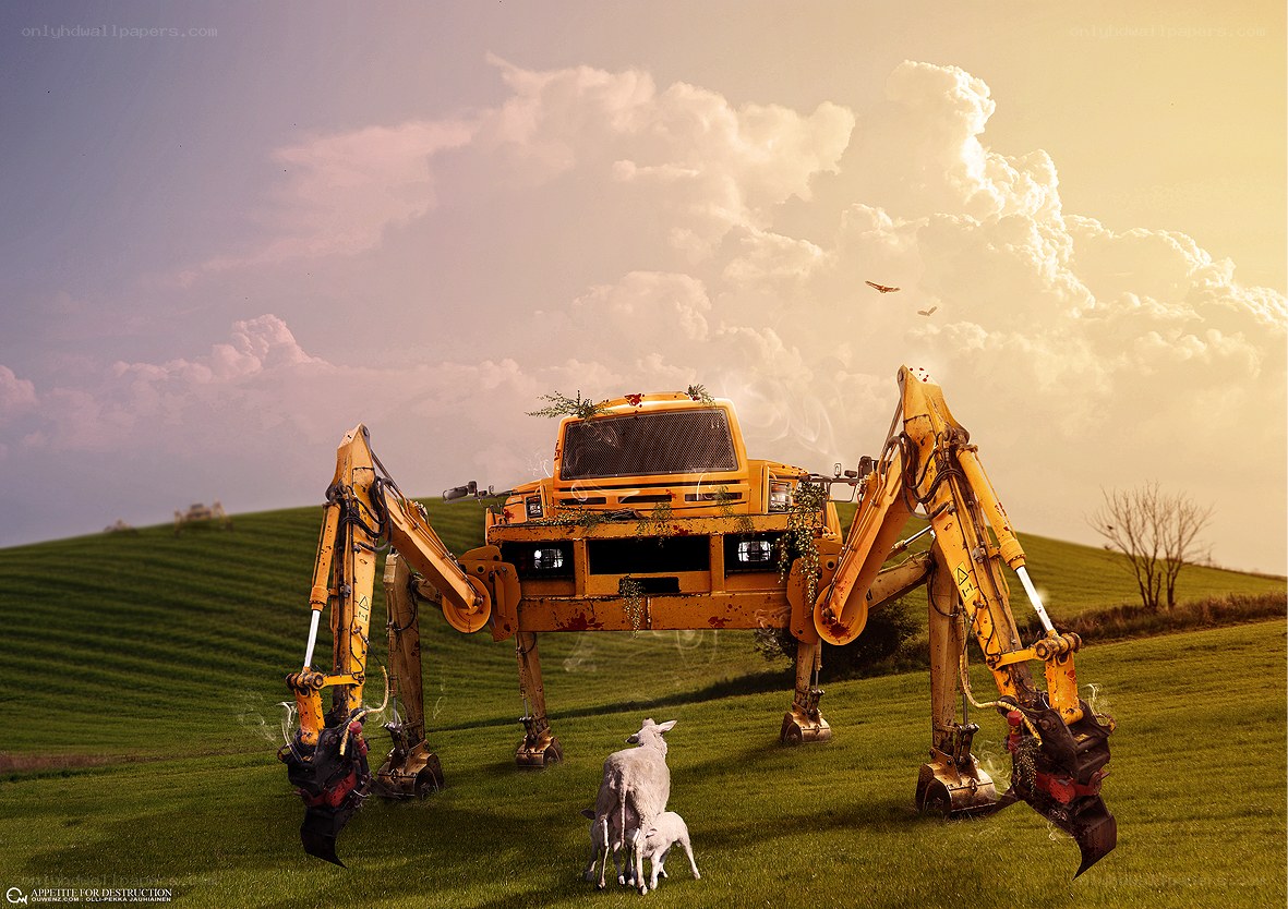 Mechanical spider in a green field