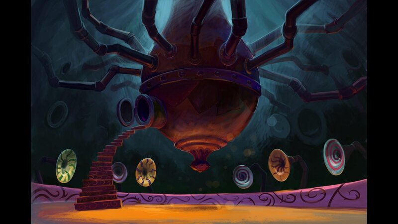 mechanical spider in dark chamber