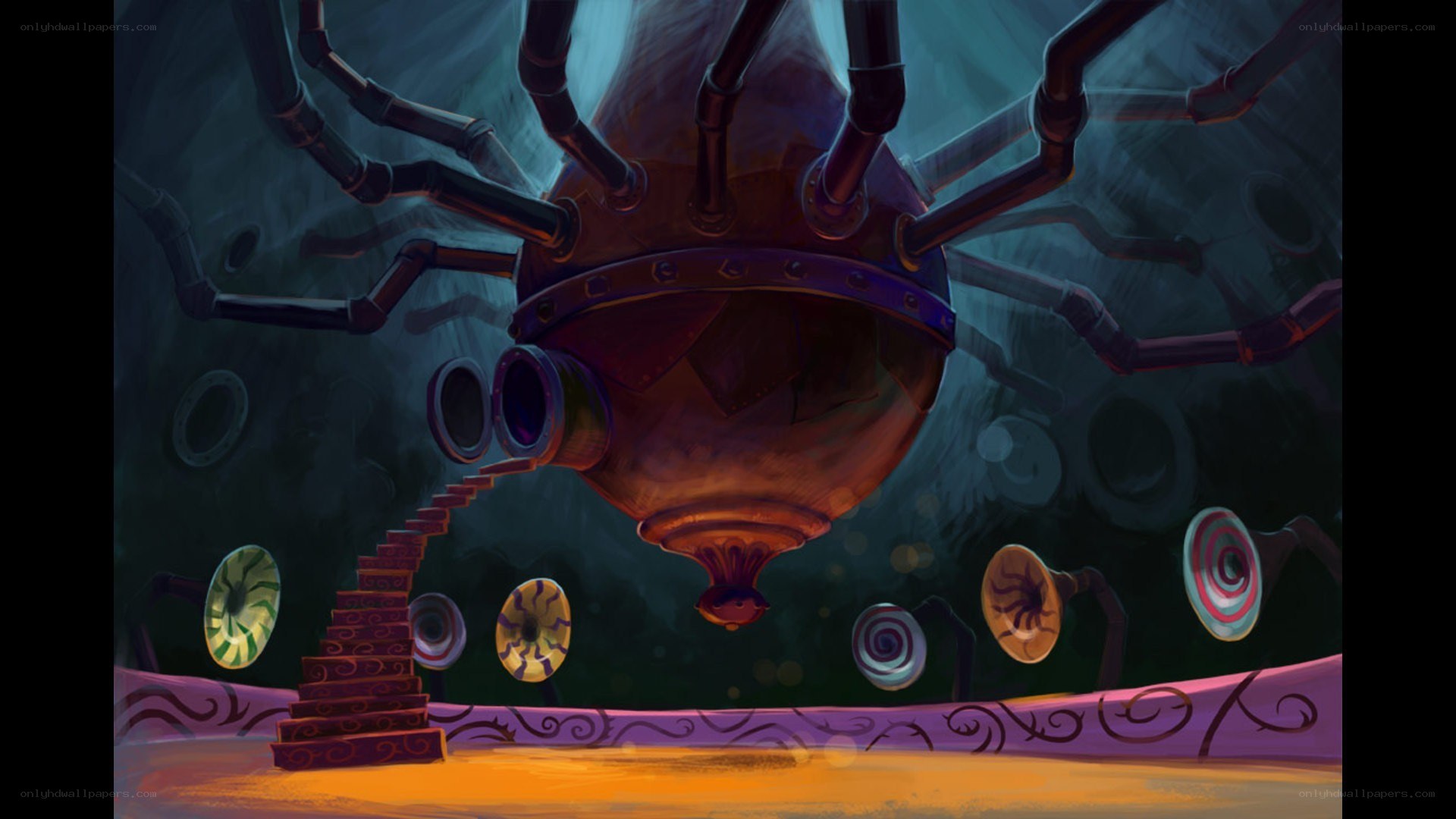 mechanical spider in dark chamber