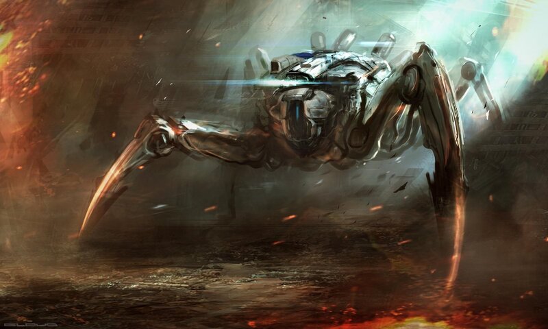 Mechanical Spider Robot — Gray, Dramatic, Digital Art, Fire, Debris, Weapon