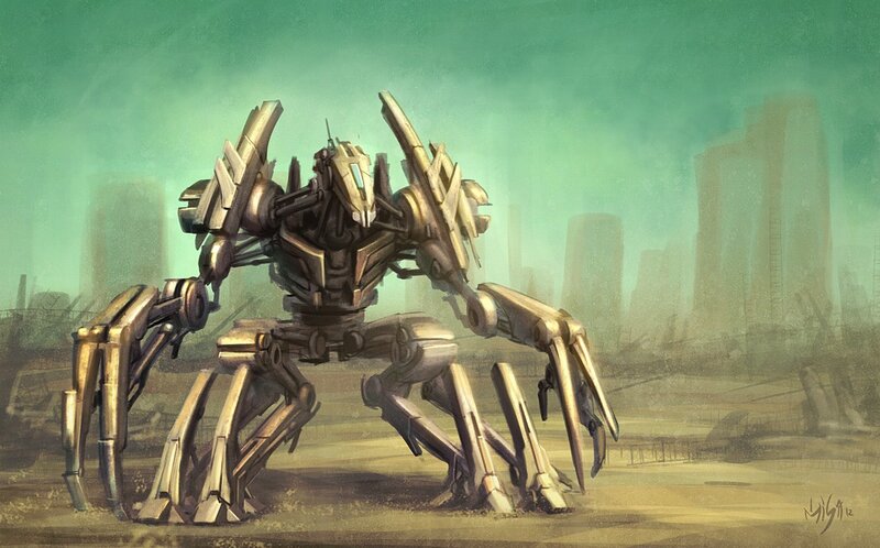 Mechanical Spider Robot — Green, Dramatic, Digital Art