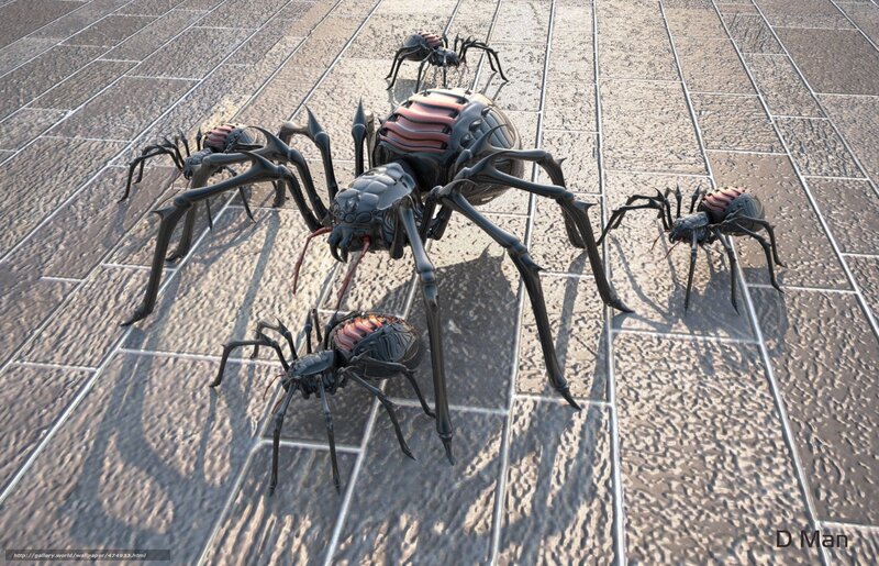 Mechanical spiders on tiled floor