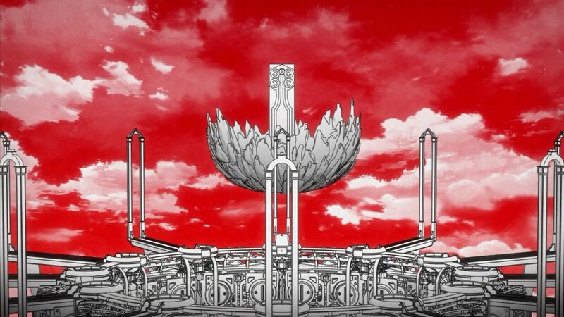 mechanical structure under red sky