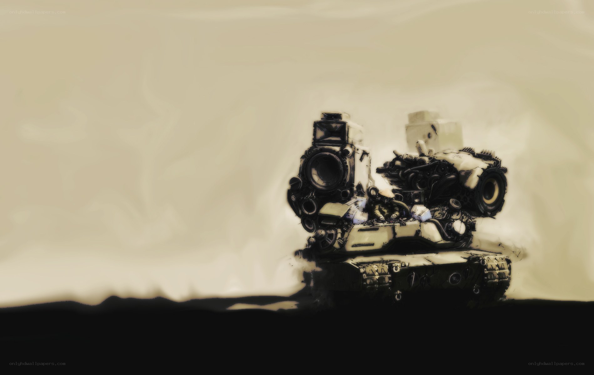 mechanical tank in sepia