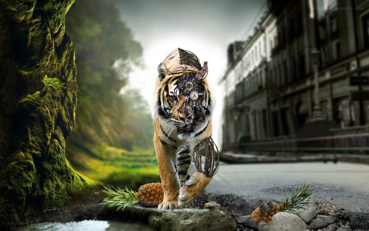 mechanical tiger in city