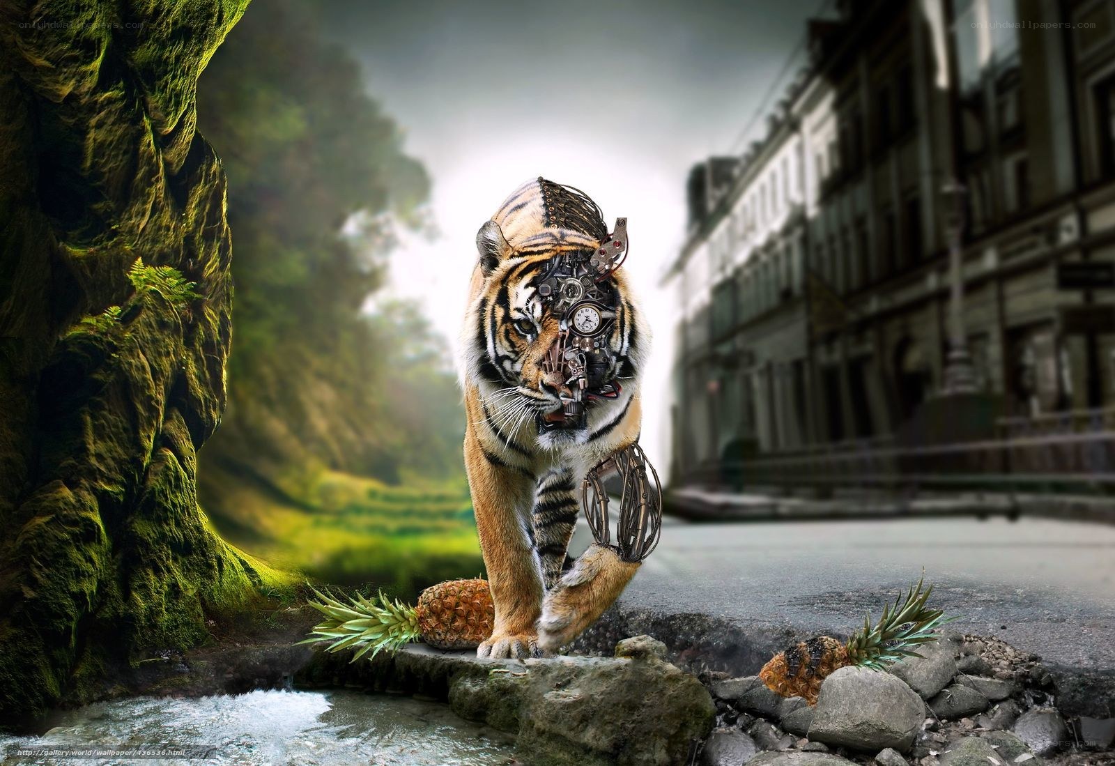 mechanical tiger in urban landscape