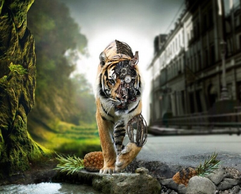 Mechanical Tiger — Orange, Dramatic, Digital Art, City Street
