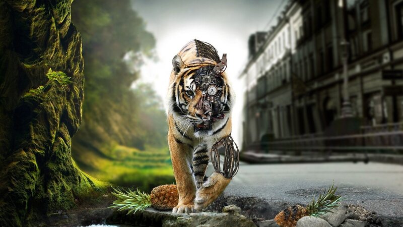 Mechanical Tiger — Orange, Dramatic, Digital Art, Pineapple, Building, Rock