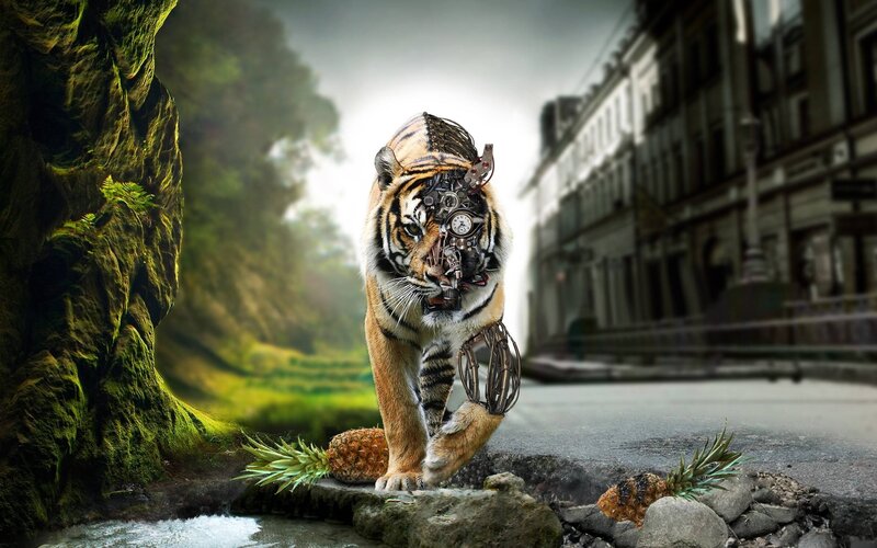Mechanical Tiger — Orange, Dramatic, Digital Art, Pineapple, Building, Stream