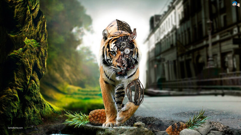 Mechanical Tiger — Orange, Dramatic, Digital Art, Pineapple, City Street