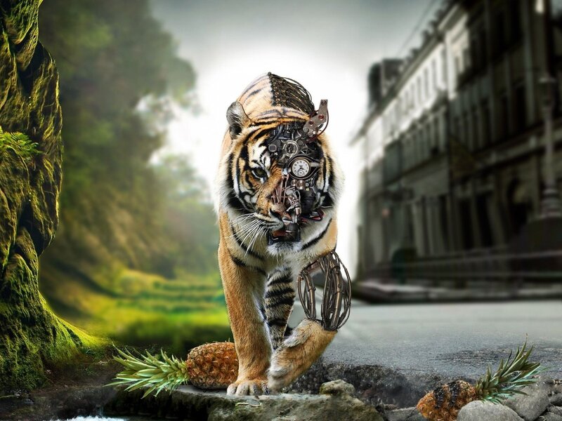 Mechanical Tiger — Orange, Dramatic, Digital Art, Pineapple, Clock