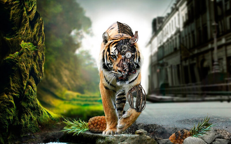 Mechanical Tiger — Orange, Dramatic, Digital Art, Pineapple