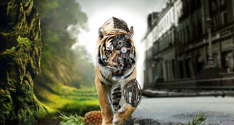 Mechanical Tiger — Orange, Dramatic, Digital Art
