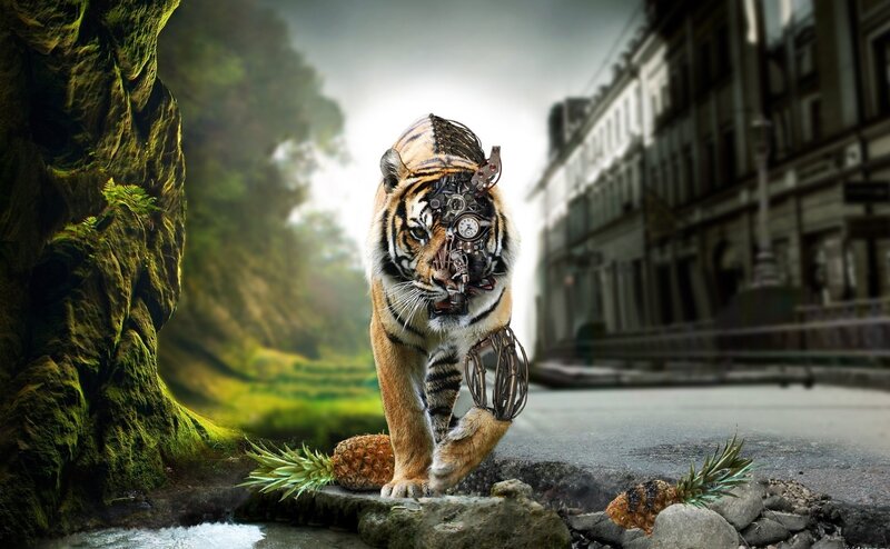 Mechanical Tiger Walking — Orange, Dramatic