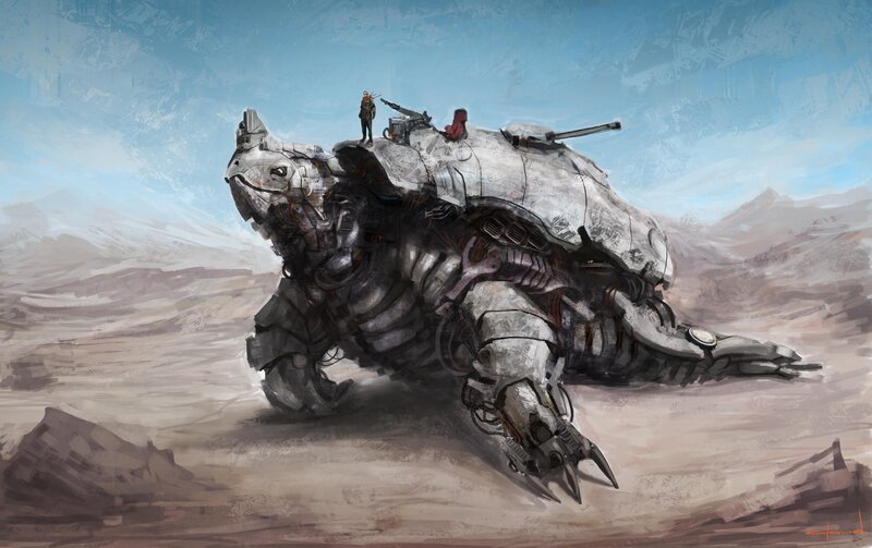 Mechanical Turtle Tank — Gray, Dramatic, Digital Art