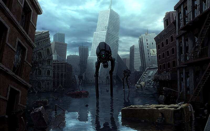 Mechanical Walkers in Flooded City