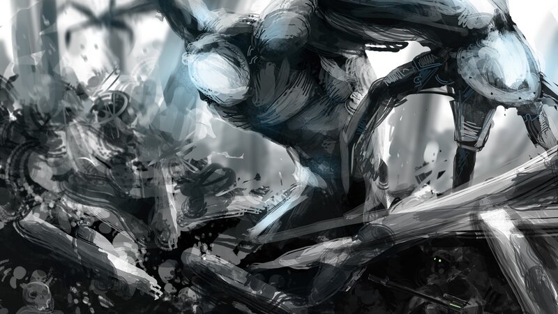 Mechanical Warrior in Combat — Black, Dramatic, Digital Art