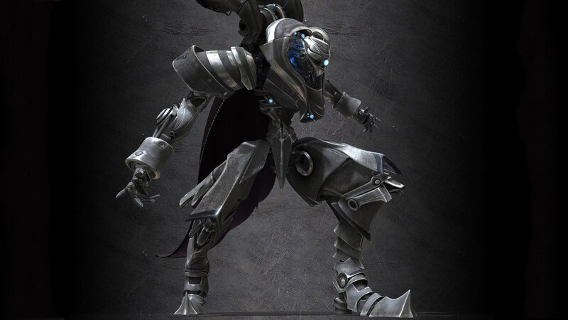 mechanical warrior in dark armor