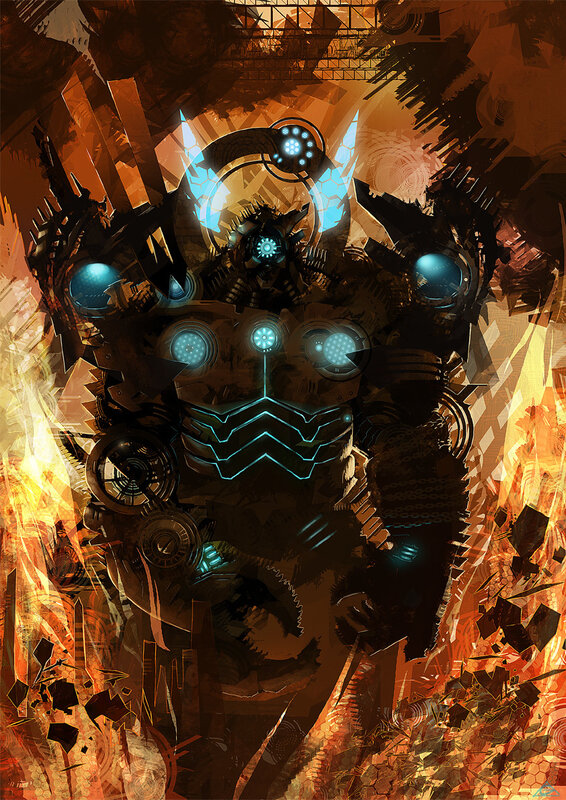 mechanical warrior in flames