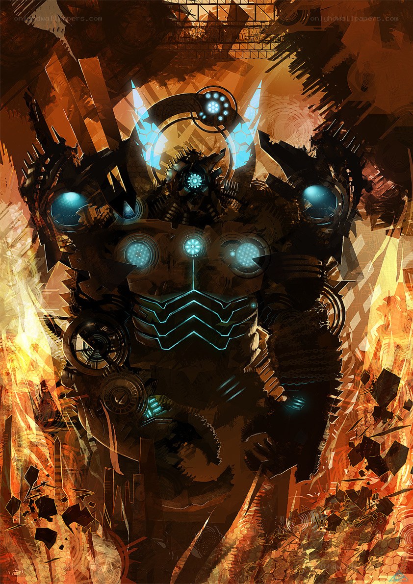 mechanical warrior in flames