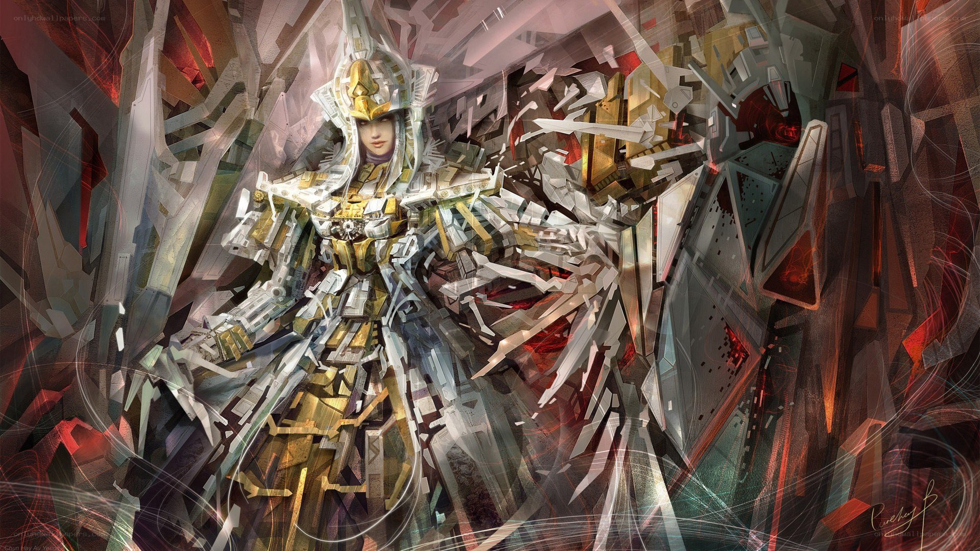 mechanical warrior in shattered landscape