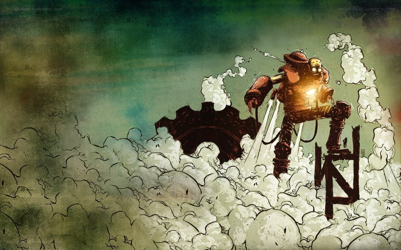 mechanical warrior in smoke